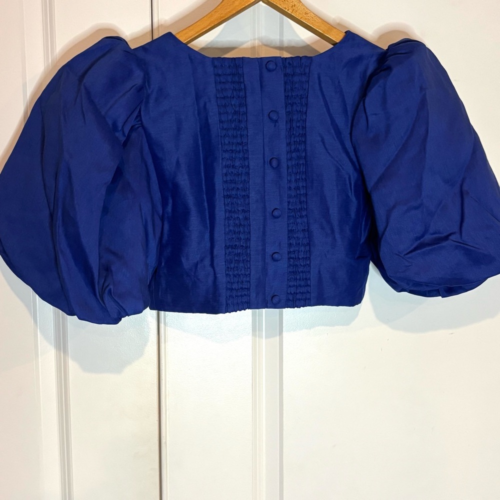 NWT Aje Reverb Puff Sleeve Twist Front Crop Top Button Back Cobalt Blue 4 - Picture 5 of 9